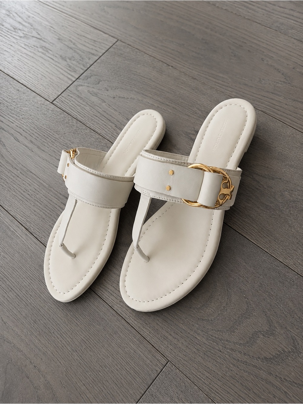 NWOT Tory Burch Marsden Leather Thong Sandals New Ivory Gold Double T Size 8.5